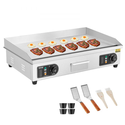 VEVOR Commercial Electric Griddle, 2800W Countertop Half-Flat Top Grill, 122?-572? Adjustable Temp, 28.74x15.75x0.39in Stainless Steel Griddle Grill with 2 Shovels and 2 Brushes for Home or Restaurant 