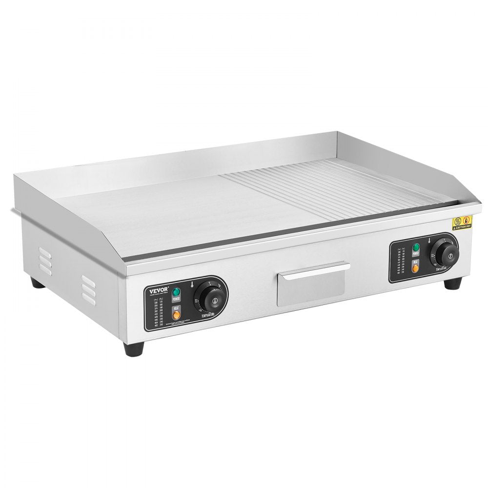 VEVOR Commercial Electric Griddle, 2800W Countertop Half-Flat Top Grill, 122?-572? Adjustable Temp, 28.74x15.75x0.39in Stainless Steel Griddle Grill with 2 Shovels and 2 Brushes for Home or Restaurant 