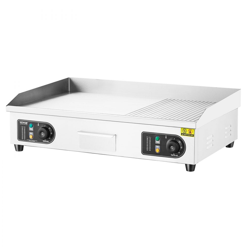 VEVOR Commercial Electric Griddle, 2800W Countertop Half-Flat Top Grill, 122?-572? Adjustable Temp, 28.74x15.75x0.39in Stainless Steel Griddle Grill with 2 Shovels and 2 Brushes for Home or Restaurant 
