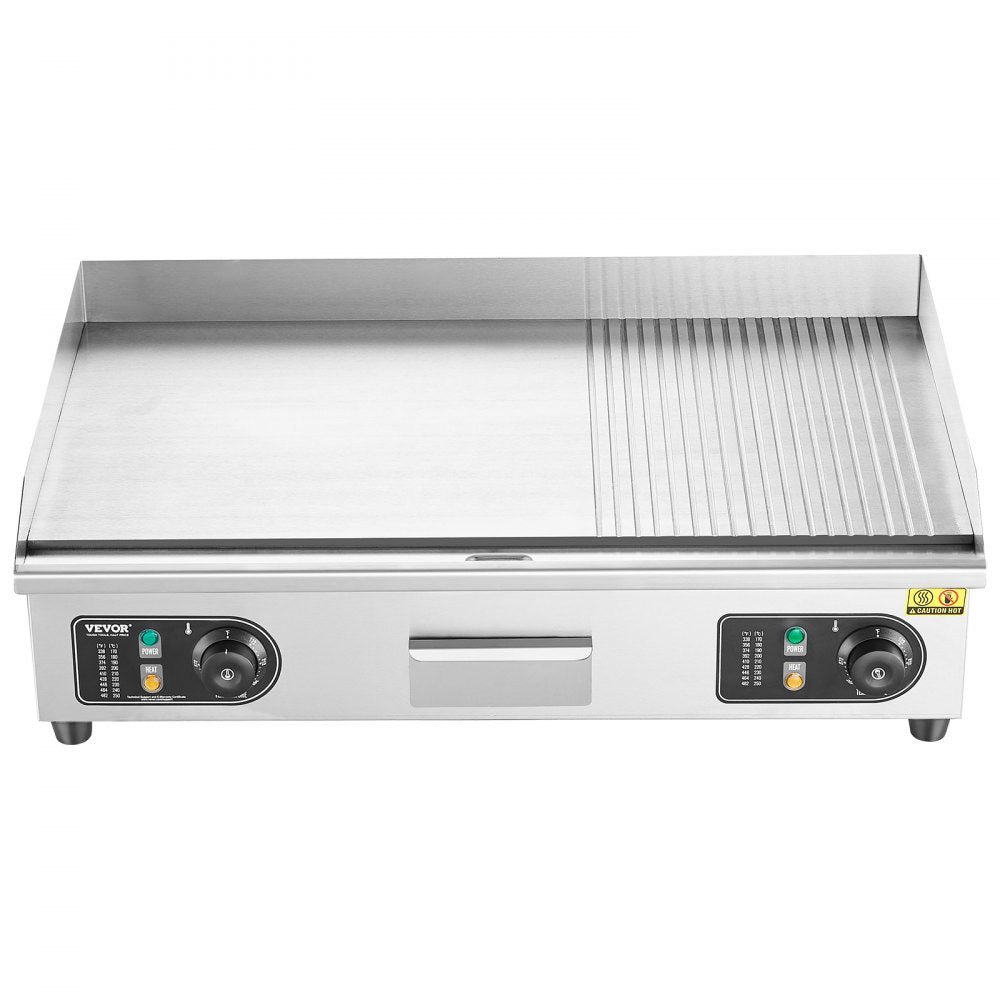 VEVOR Commercial Electric Griddle, 2800W Countertop Half-Flat Top Grill, 122?-572? Adjustable Temp, 28.74x15.75x0.39in Stainless Steel Griddle Grill with 2 Shovels and 2 Brushes for Home or Restaurant 