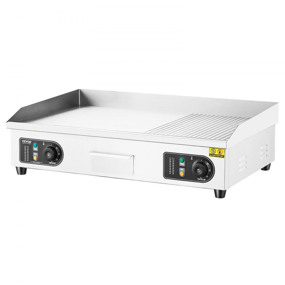 VEVOR Commercial Electric Griddle, 2800W Countertop Half-Flat Top Grill, 122?-572? Adjustable Temp, 28.74x15.75x0.39in Stainless Steel Griddle Grill with 2 Shovels and 2 Brushes for Home or Restaurant 