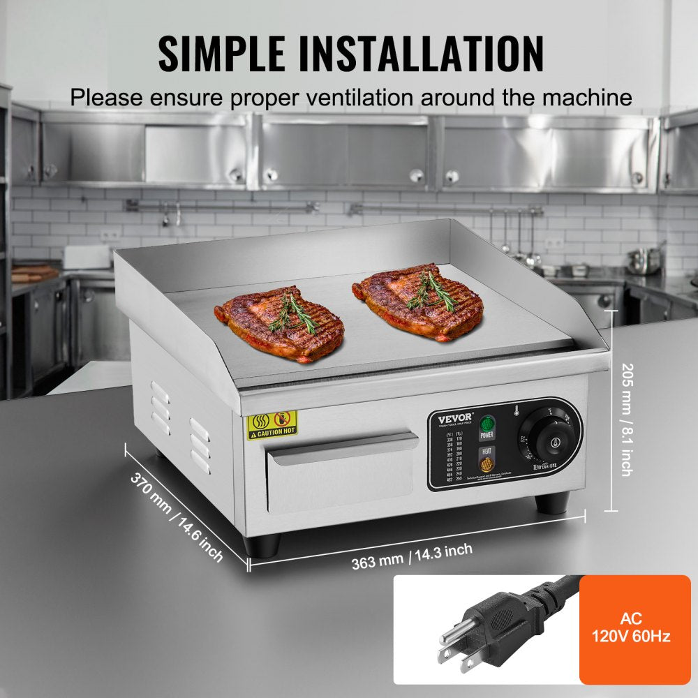 VEVOR Commercial Electric Griddle, 1700W Countertop Flat Top Grill, 122?-572 ? Adjustable Temp, 14.17 x 11.81 x 0.39in Stainless Steel Griddle Grill with 2 Shovels and 2 Brushes for Home or Restaurant 