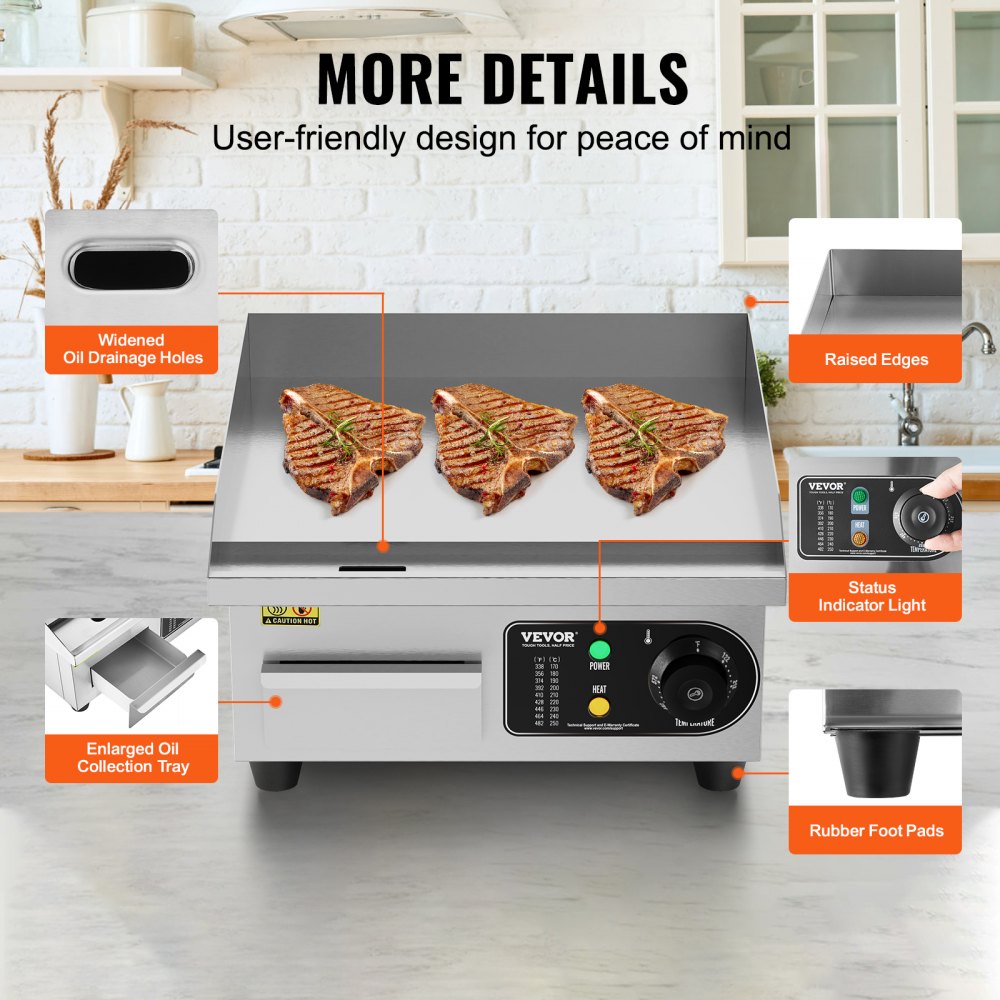VEVOR Commercial Electric Griddle, 1700W Countertop Flat Top Grill, 122?-572 ? Adjustable Temp, 14.17 x 11.81 x 0.39in Stainless Steel Griddle Grill with 2 Shovels and 2 Brushes for Home or Restaurant 