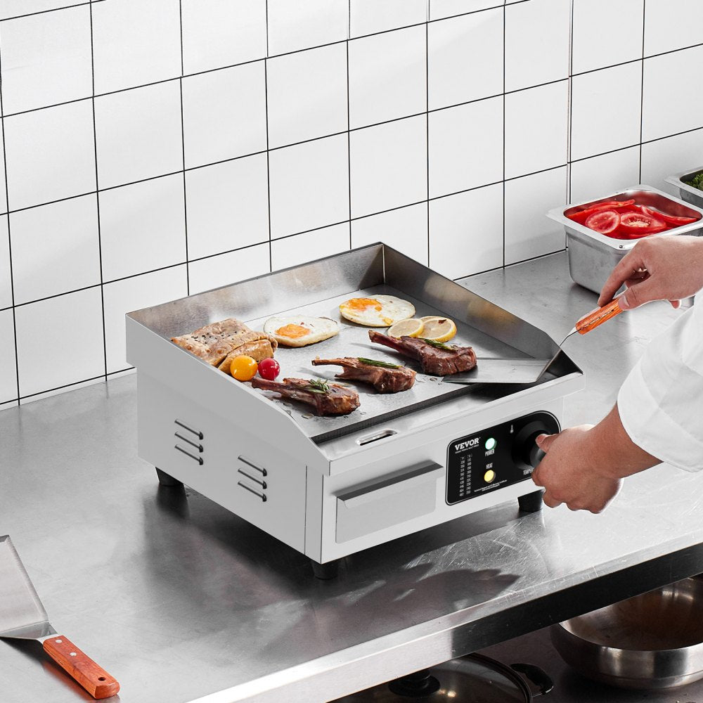 VEVOR Commercial Electric Griddle, 1700W Countertop Flat Top Grill, 122?-572 ? Adjustable Temp, 14.17 x 11.81 x 0.39in Stainless Steel Griddle Grill with 2 Shovels and 2 Brushes for Home or Restaurant 