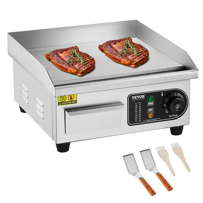 VEVOR Commercial Electric Griddle, 1700W Countertop Flat Top Grill, 122?-572 ? Adjustable Temp, 14.17 x 11.81 x 0.39in Stainless Steel Griddle Grill with 2 Shovels and 2 Brushes for Home or Restaurant 