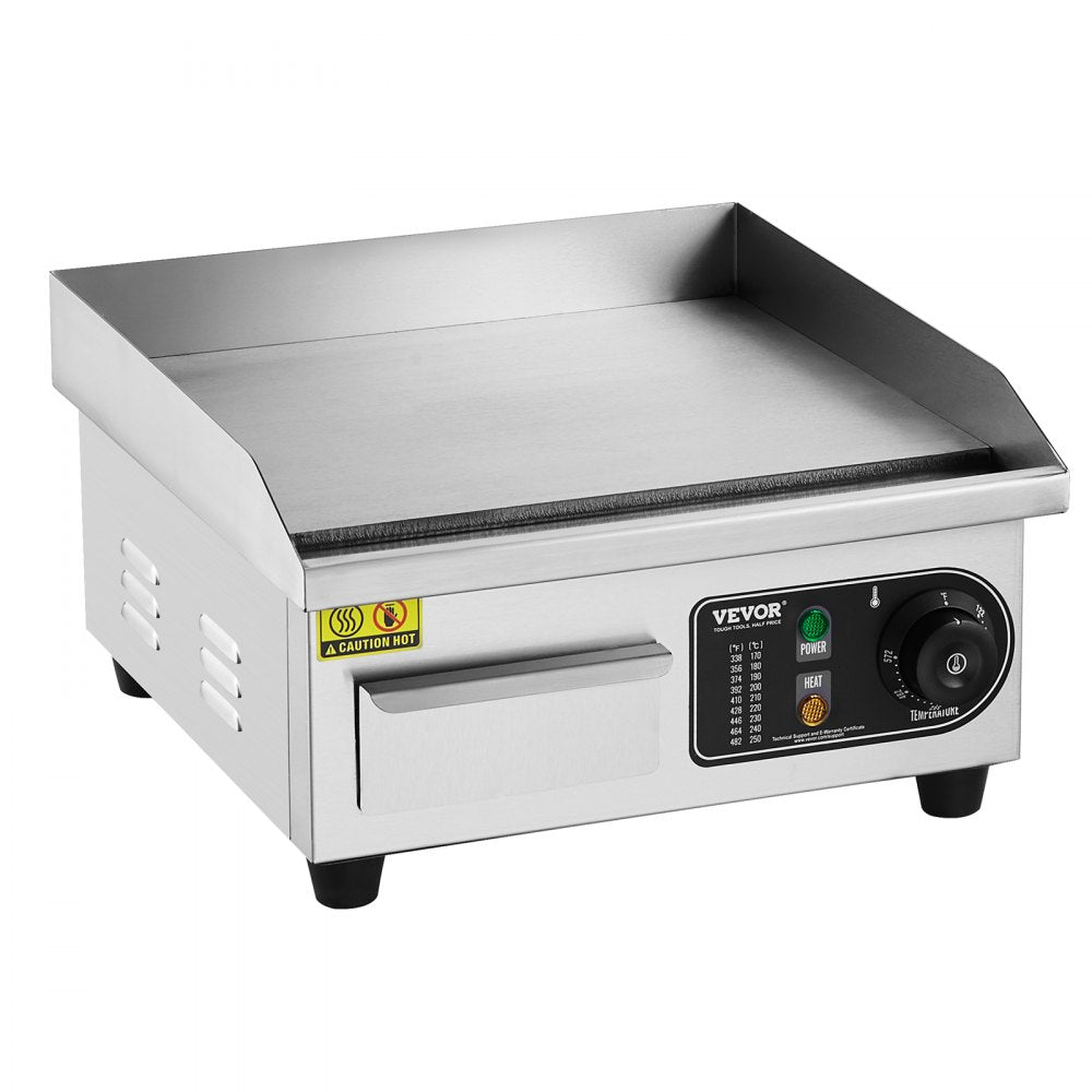VEVOR Commercial Electric Griddle, 1700W Countertop Flat Top Grill, 122?-572 ? Adjustable Temp, 14.17 x 11.81 x 0.39in Stainless Steel Griddle Grill with 2 Shovels and 2 Brushes for Home or Restaurant 