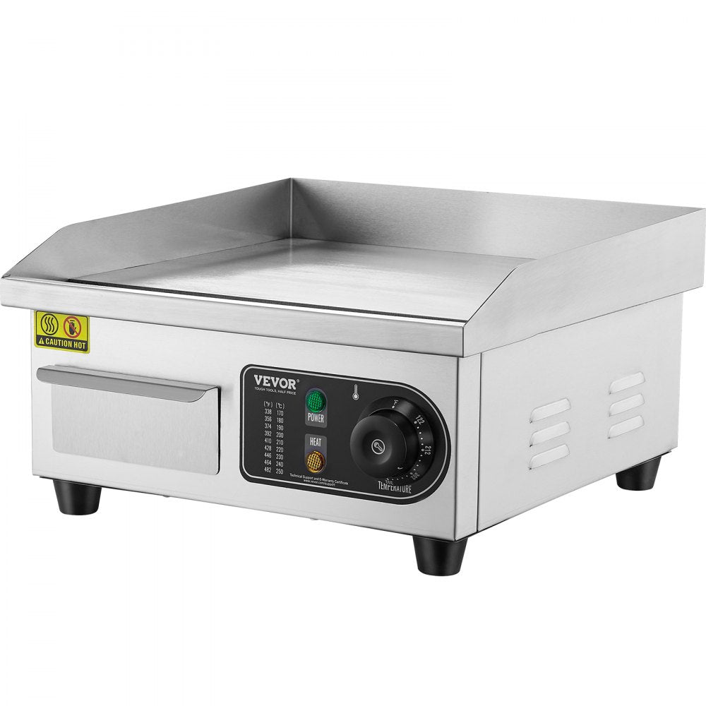 VEVOR Commercial Electric Griddle, 1700W Countertop Flat Top Grill, 122?-572 ? Adjustable Temp, 14.17 x 11.81 x 0.39in Stainless Steel Griddle Grill with 2 Shovels and 2 Brushes for Home or Restaurant 
