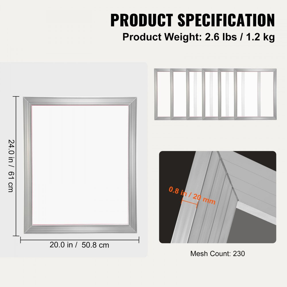 VEVOR Screen Printing Kit, 2 Pieces Aluminum Silk Screen Printing Frames, 20x24inch Silk Screen Printing Frame with 230 Count Mesh, High Tension Nylon Mesh and Sealing Tape for T-shirts DIY Printing 