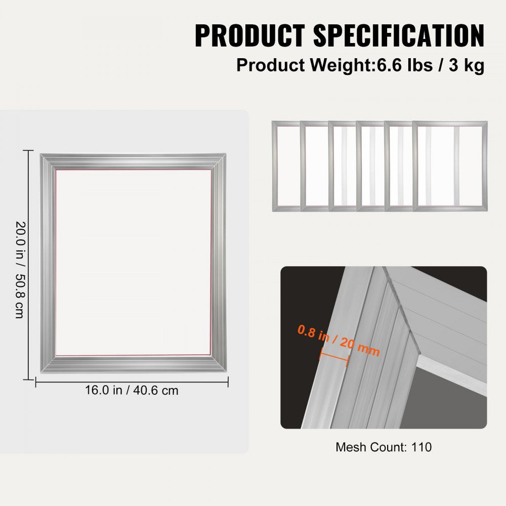 VEVOR Screen Printing Kit, 6 Pieces Aluminum Silk Screen Printing Frames, 16x20inch Silk Screen Printing Frame with 110 Count Mesh, High Tension Nylon Mesh and Sealing Tape for T-shirts DIY Printing 