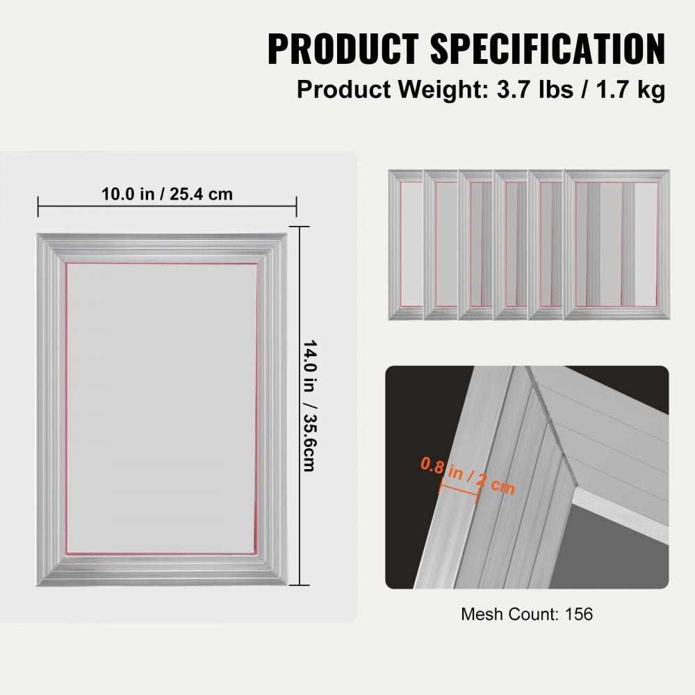 VEVOR Screen Printing Kit, 6 Pieces Aluminum Silk Screen Printing Frames, 10x14inch Silk Screen Printing Frame with 156 Count Mesh, High Tension Nylon Mesh and Sealing Tape for T-shirts DIY Printing 