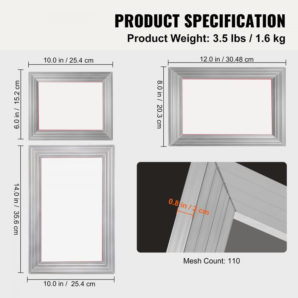 VEVOR Screen Printing Kit, 3 Pieces Aluminum Silk Screen Printing Frames 6x10/8x12/10x14inch 110 Count Mesh, 5 Glitters and Screen Printing Squeegees and Transparency Films for T-shirts DIY Printing 