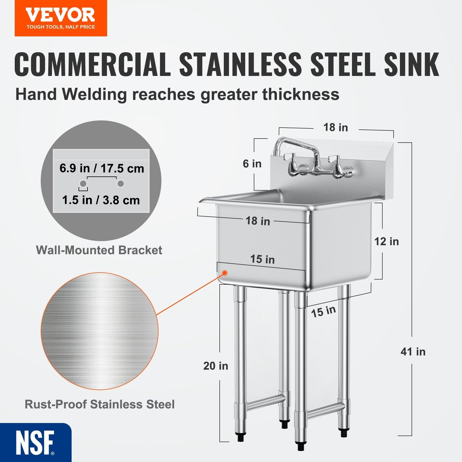 VEVOR Stainless Steel Prep & Utility Sink, 1 Compartment Free Standing Small Sink Include Faucet & legs, 18"x41" Commercial Single Bowl Sinks for Garage, Restaurant, Kitchen, Laundry, NSF Certified 