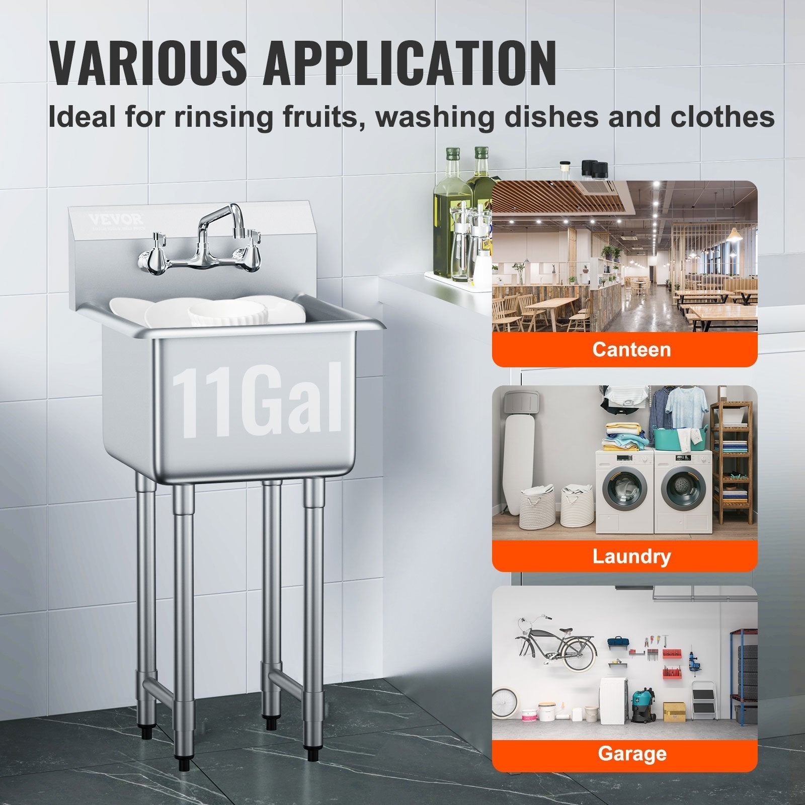VEVOR Stainless Steel Prep & Utility Sink, 1 Compartment Free Standing Small Sink Include Faucet & legs, 18"x41" Commercial Single Bowl Sinks for Garage, Restaurant, Kitchen, Laundry, NSF Certified 