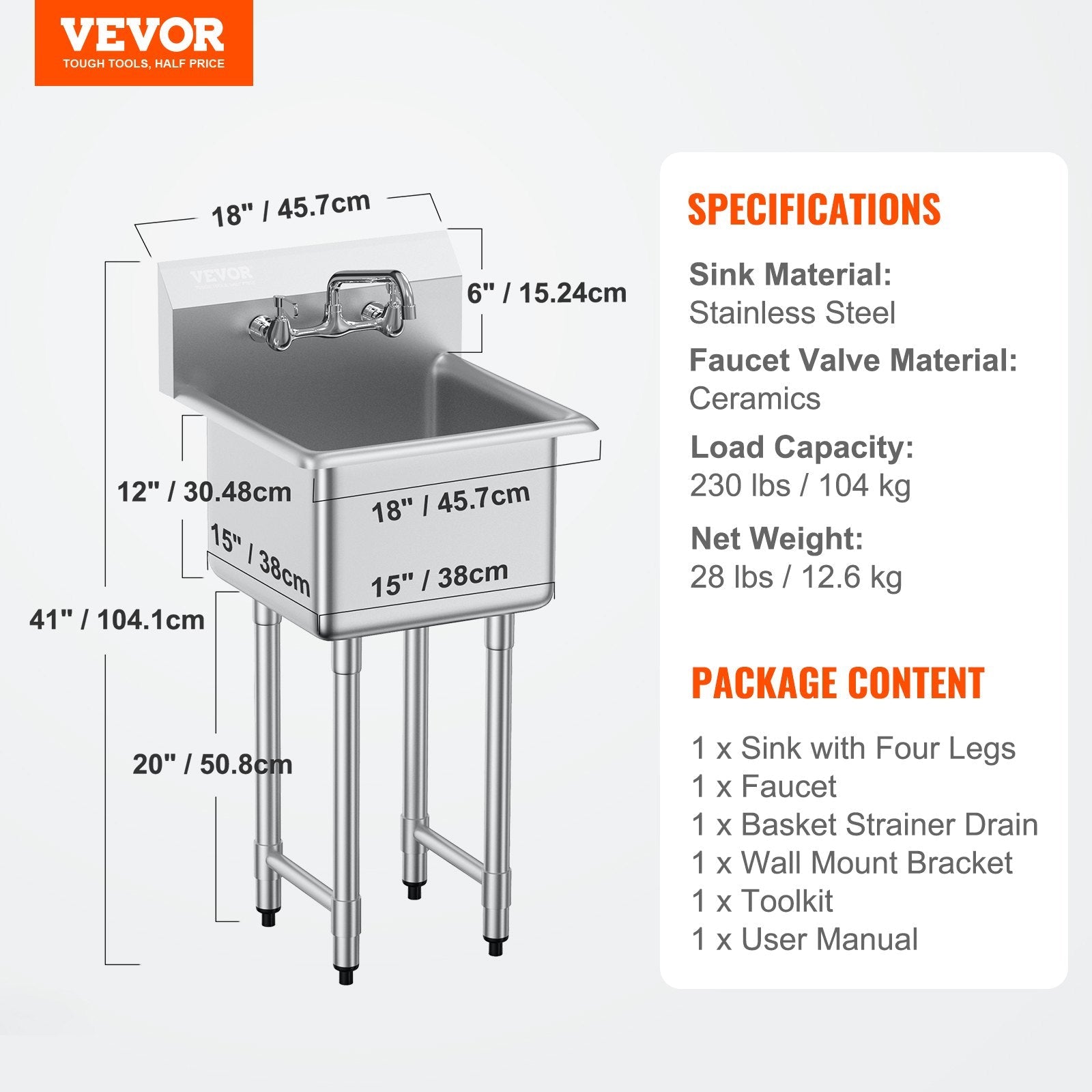 VEVOR Stainless Steel Prep & Utility Sink, 1 Compartment Free Standing Small Sink Include Faucet & legs, 18"x41" Commercial Single Bowl Sinks for Garage, Restaurant, Kitchen, Laundry, NSF Certified 