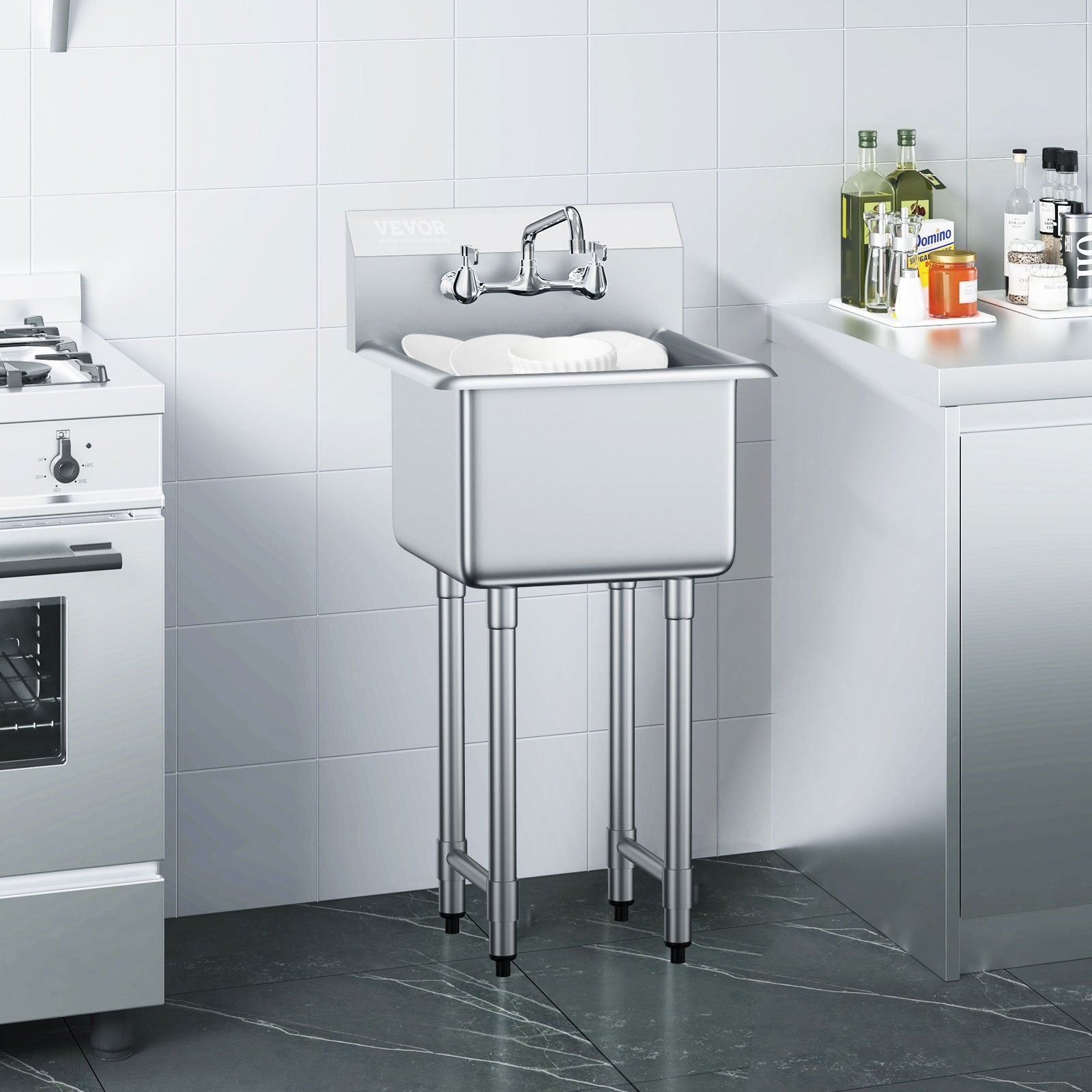 VEVOR Stainless Steel Prep & Utility Sink, 1 Compartment Free Standing Small Sink Include Faucet & legs, 18"x41" Commercial Single Bowl Sinks for Garage, Restaurant, Kitchen, Laundry, NSF Certified 
