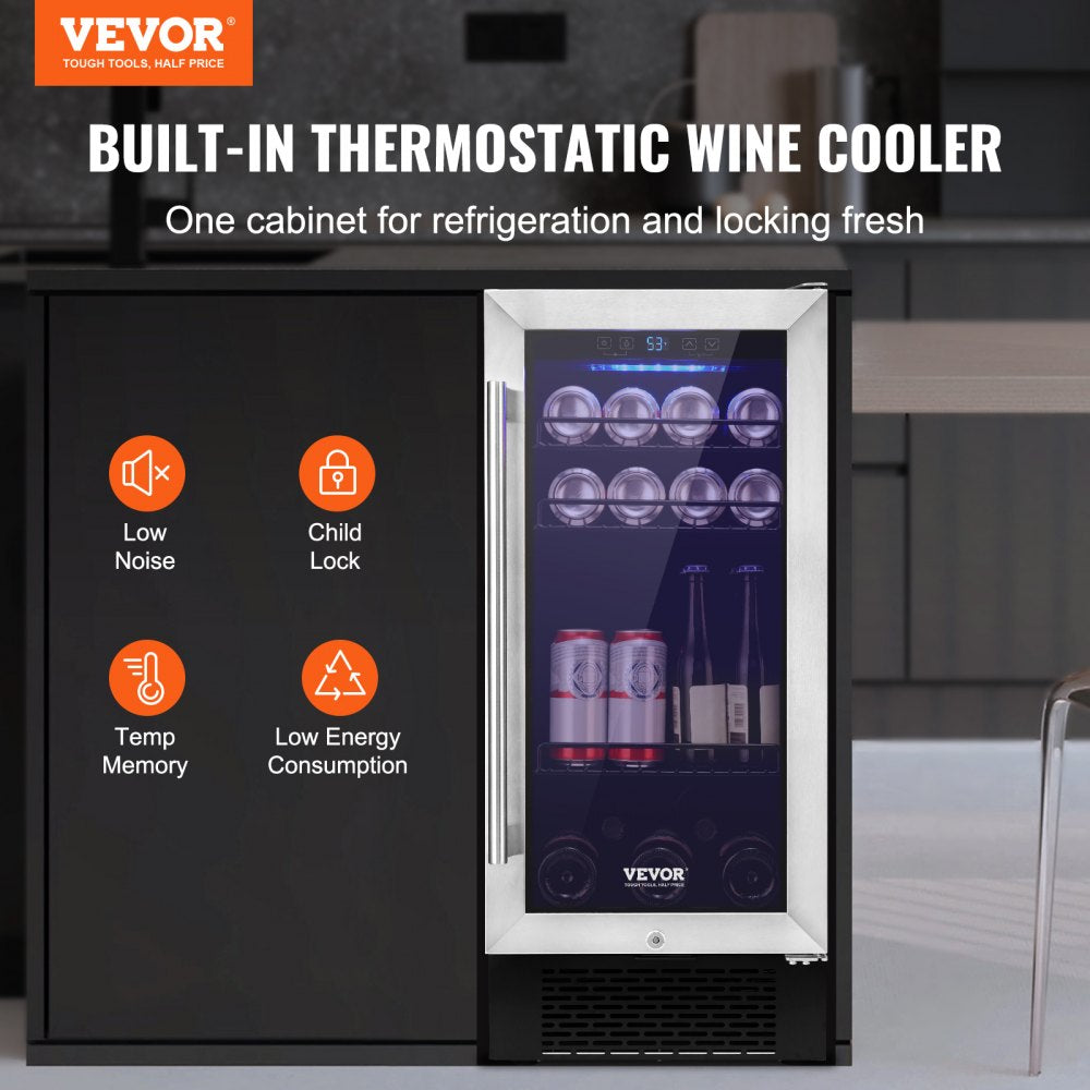 VEVOR Wine Cooler, 96 Cans Capacity Under Counter Built-in or Freestanding Wine Refrigerator, Beverage Cooler with Blue LED Light, Single Door, Child Lock for Drink Beer Soda Wine Water, ETL Listed 