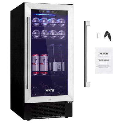 VEVOR Wine Cooler, 96 Cans Capacity Under Counter Built-in or Freestanding Wine Refrigerator, Beverage Cooler with Blue LED Light, Single Door, Child Lock for Drink Beer Soda Wine Water, ETL Listed 