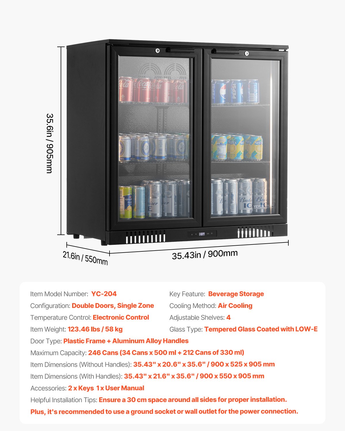 VEVOR Commercial Beverage Refrigerator Cooler 246 Can Fridge with Glass Doors 