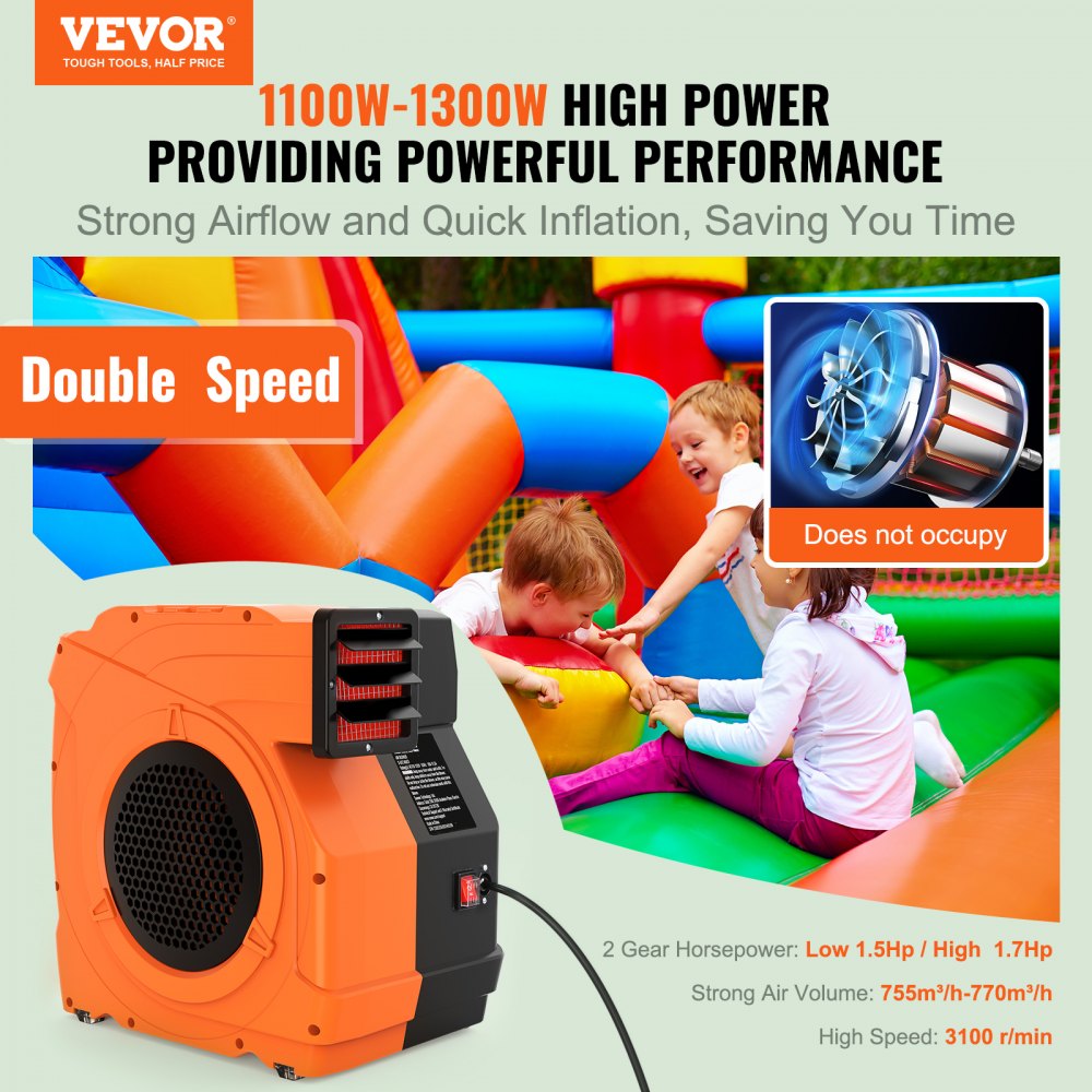 VEVOR Inflatable Blower, 1100W, 1.5 & 1.7 HP Bounce House Blower, Pump Commercial Air Blower for Inflatables, 3100 RPM Bouncy Castle Electric Fan for Bounce House, Waterslides, Tested to UL Standards 