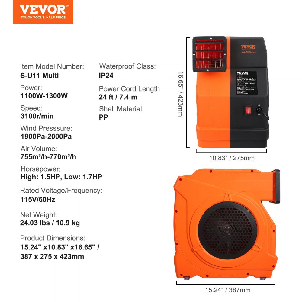 VEVOR Inflatable Blower, 1100W, 1.5 & 1.7 HP Bounce House Blower, Pump Commercial Air Blower for Inflatables, 3100 RPM Bouncy Castle Electric Fan for Bounce House, Waterslides, Tested to UL Standards 