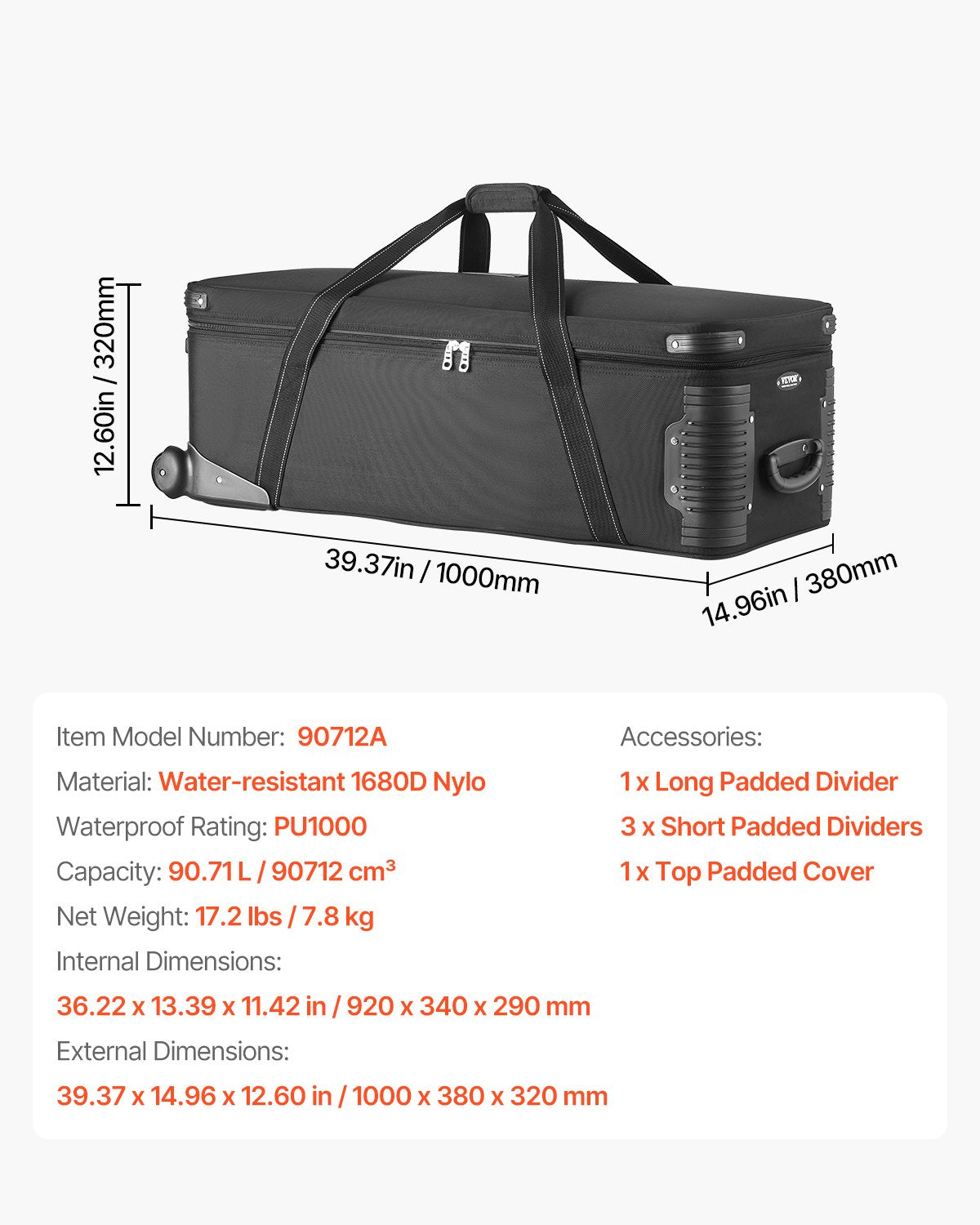 VEVOR Studio Equipment Trolley Case 39.37 x 14.96 x 12.60 in Rolling Camera Bag 