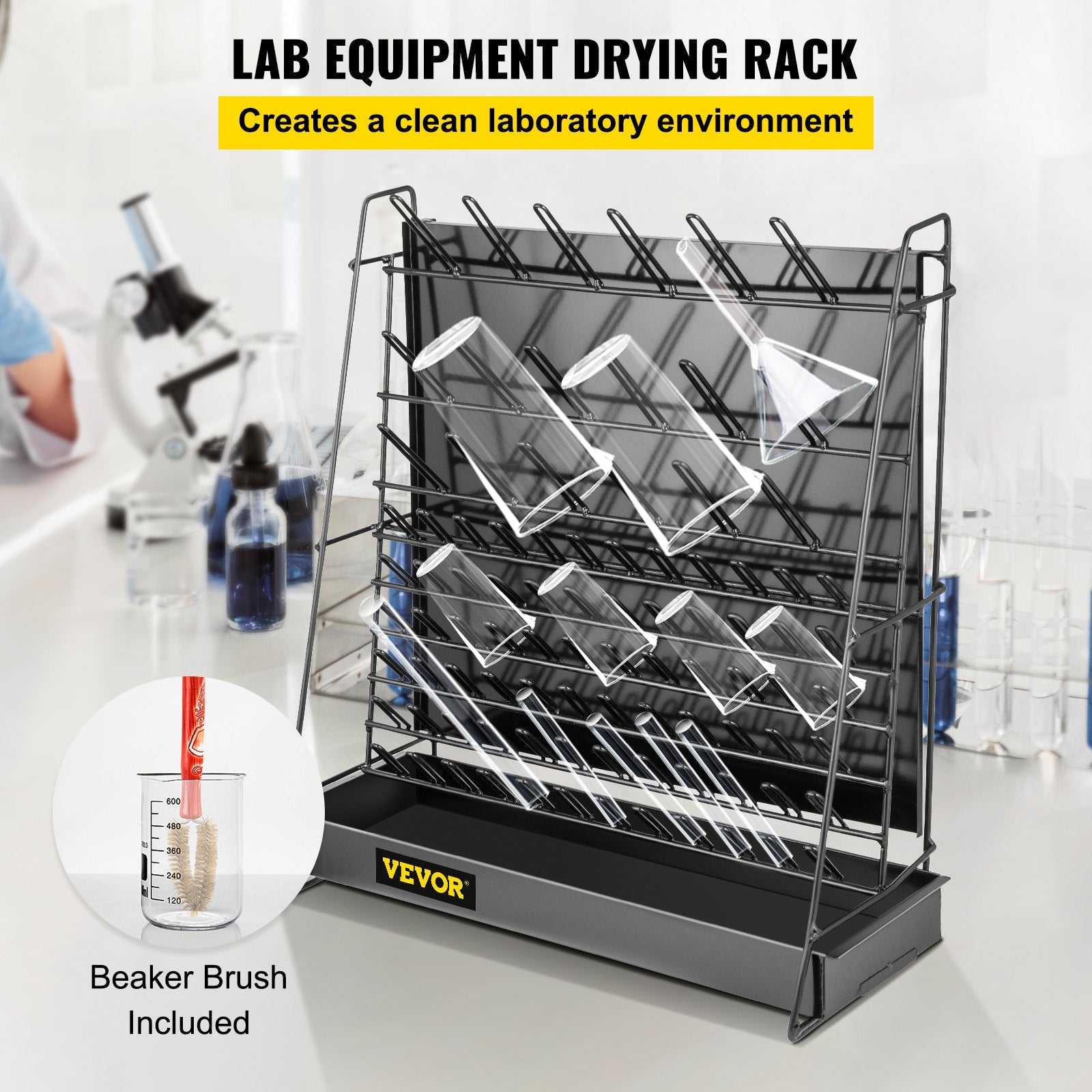 VEVOR Drying Rack for Lab 90 Pegs Lab Glassware Rack Steel Wire Glassware Drying Rack Wall-Mount/Free-Standing Detachable Pegs Lab Glass Drying Rack Black Cleaning Frame for School Laboratory Utensils 