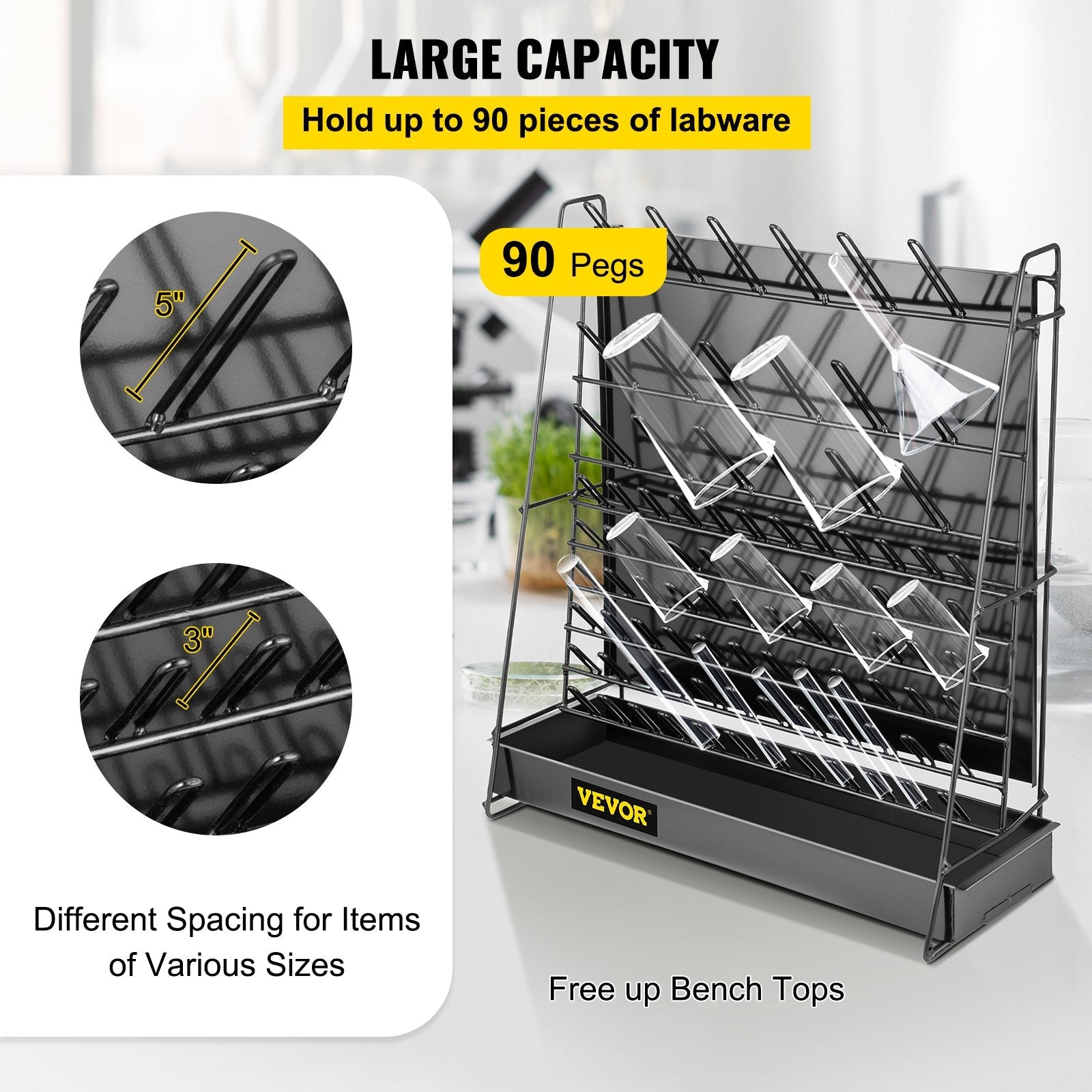 VEVOR Drying Rack for Lab 90 Pegs Lab Glassware Rack Steel Wire Glassware Drying Rack Wall-Mount/Free-Standing Detachable Pegs Lab Glass Drying Rack Black Cleaning Frame for School Laboratory Utensils 