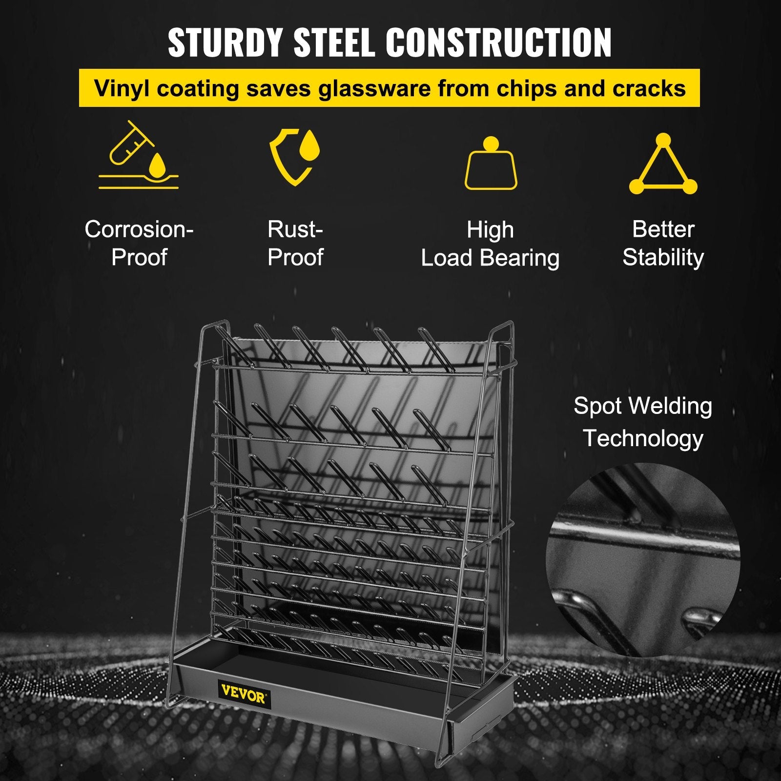 VEVOR Drying Rack for Lab 90 Pegs Lab Glassware Rack Steel Wire Glassware Drying Rack Wall-Mount/Free-Standing Detachable Pegs Lab Glass Drying Rack Black Cleaning Frame for School Laboratory Utensils 