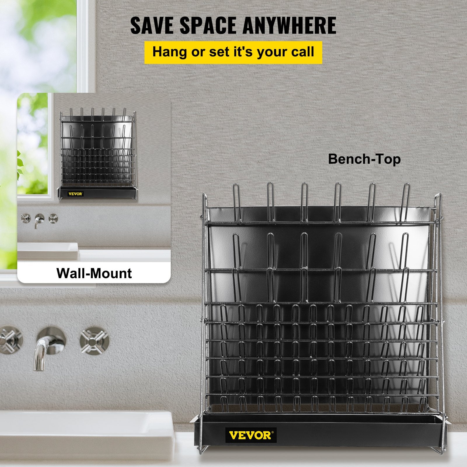 VEVOR Drying Rack for Lab 90 Pegs Lab Glassware Rack Steel Wire Glassware Drying Rack Wall-Mount/Free-Standing Detachable Pegs Lab Glass Drying Rack Black Cleaning Frame for School Laboratory Utensils 