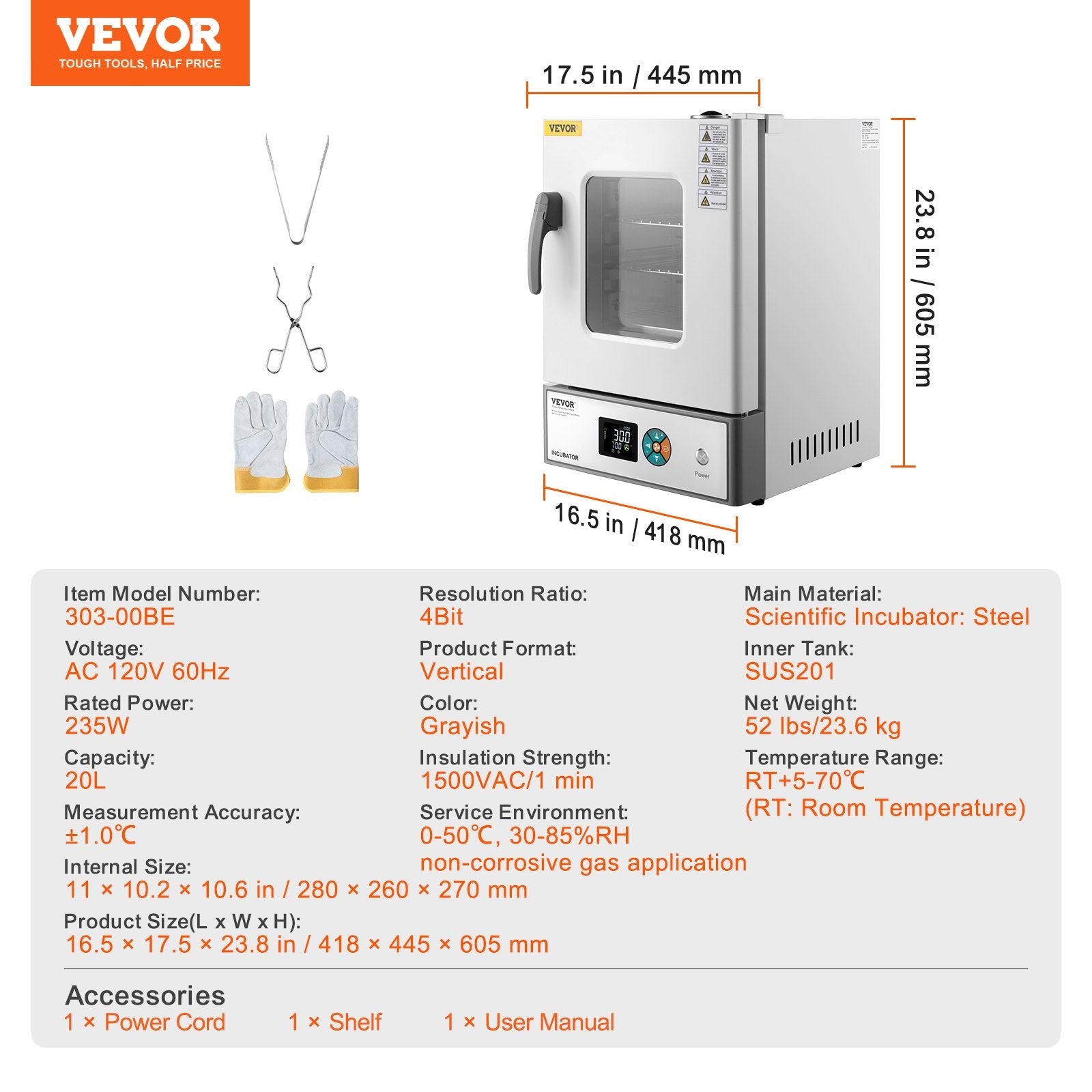 VEVOR Microbiological Lab Incubator 20L Precise Temp Control from 0°C to 70°C 