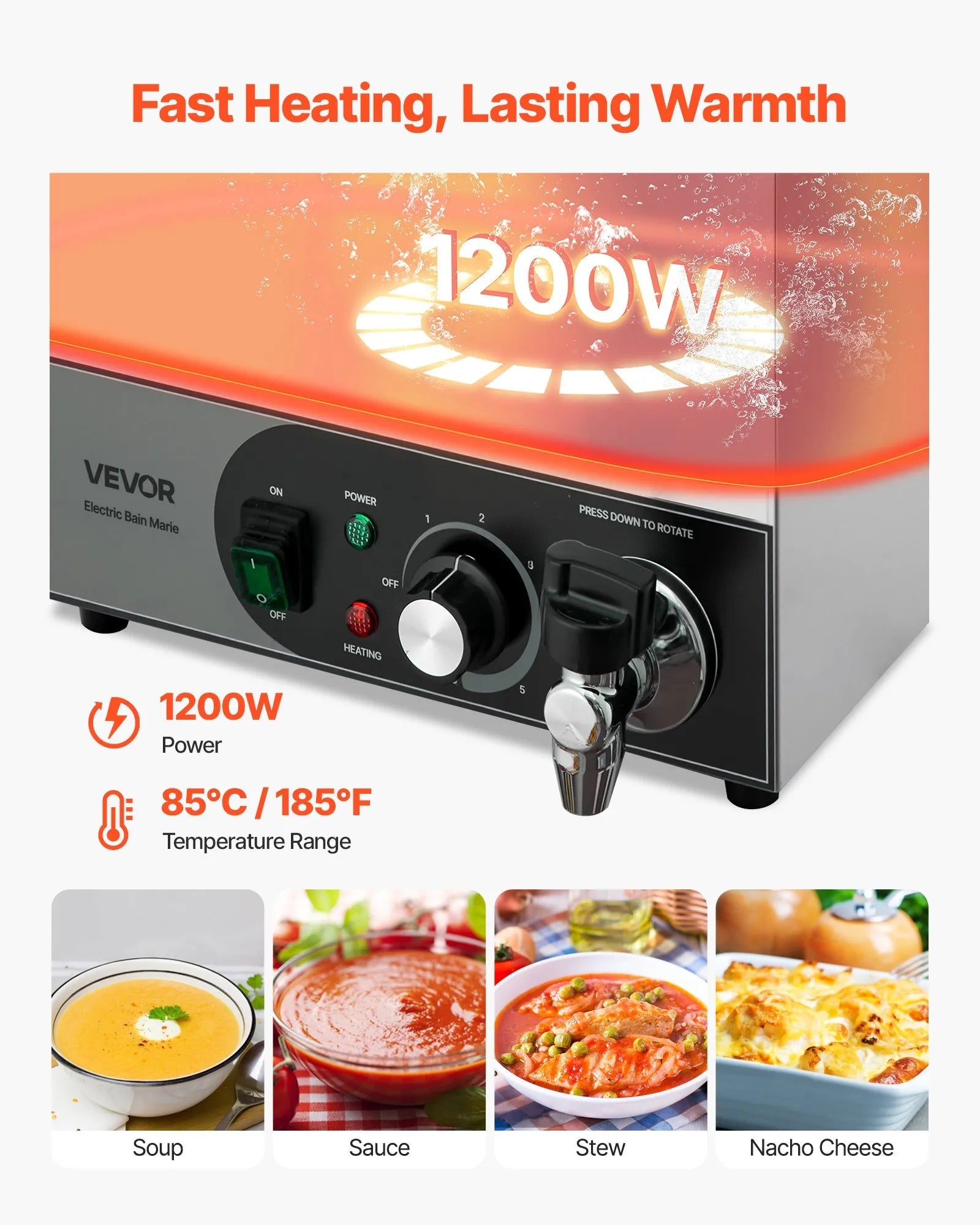 VEVOR Commercial Food Warmer, 1200W Electric Stainless Steel Steam Food Warmer, Fast Heating Countertop Buffet Bain Marie with Detachable Power Cord, for Catering, Restaurants, Parties & Buffets 