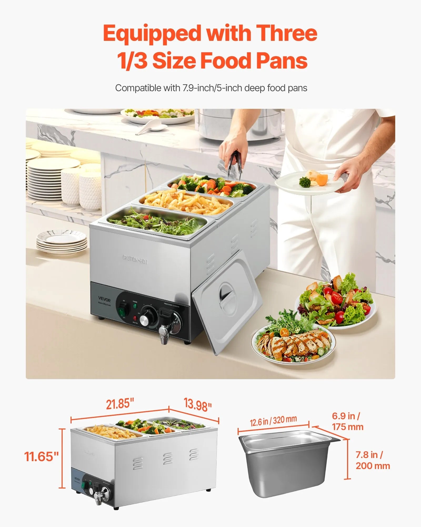 VEVOR Commercial Food Warmer, 1200W Electric Stainless Steel Steam Food Warmer, Fast Heating Countertop Buffet Bain Marie with Detachable Power Cord, for Catering, Restaurants, Parties & Buffets 
