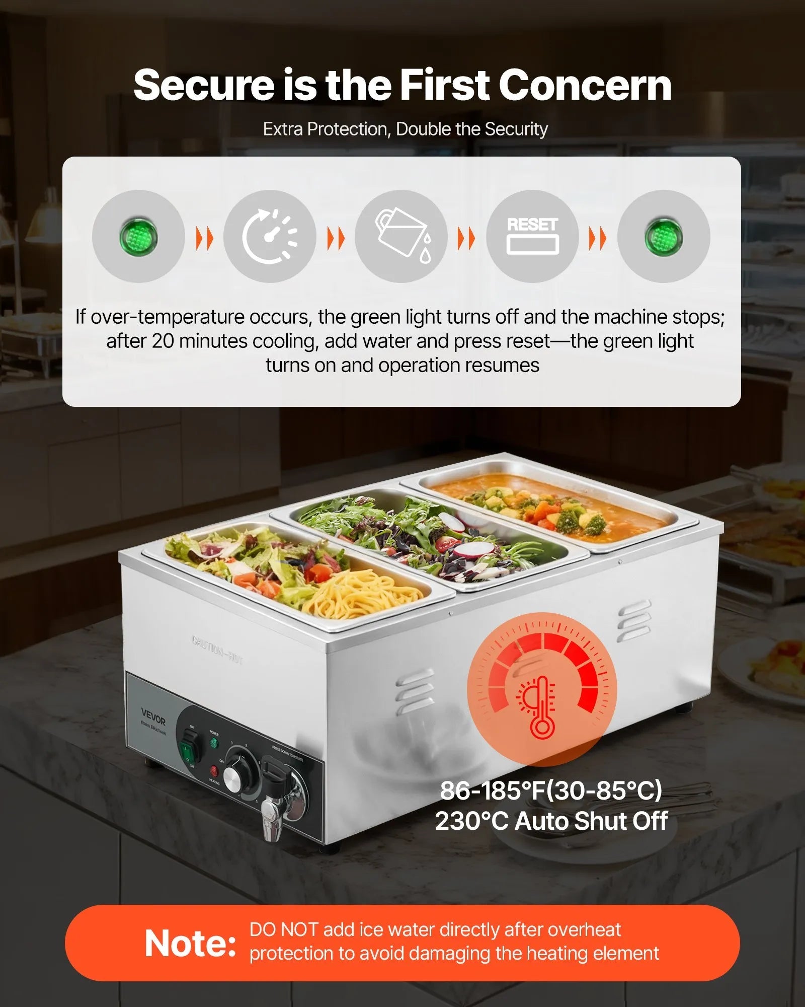 VEVOR Commercial Food Warmer, 1200W Electric Stainless Steel Steam Food Warmer, Fast Heating Countertop Buffet Bain Marie with Detachable Power Cord, for Catering, Restaurants, Parties & Buffets 