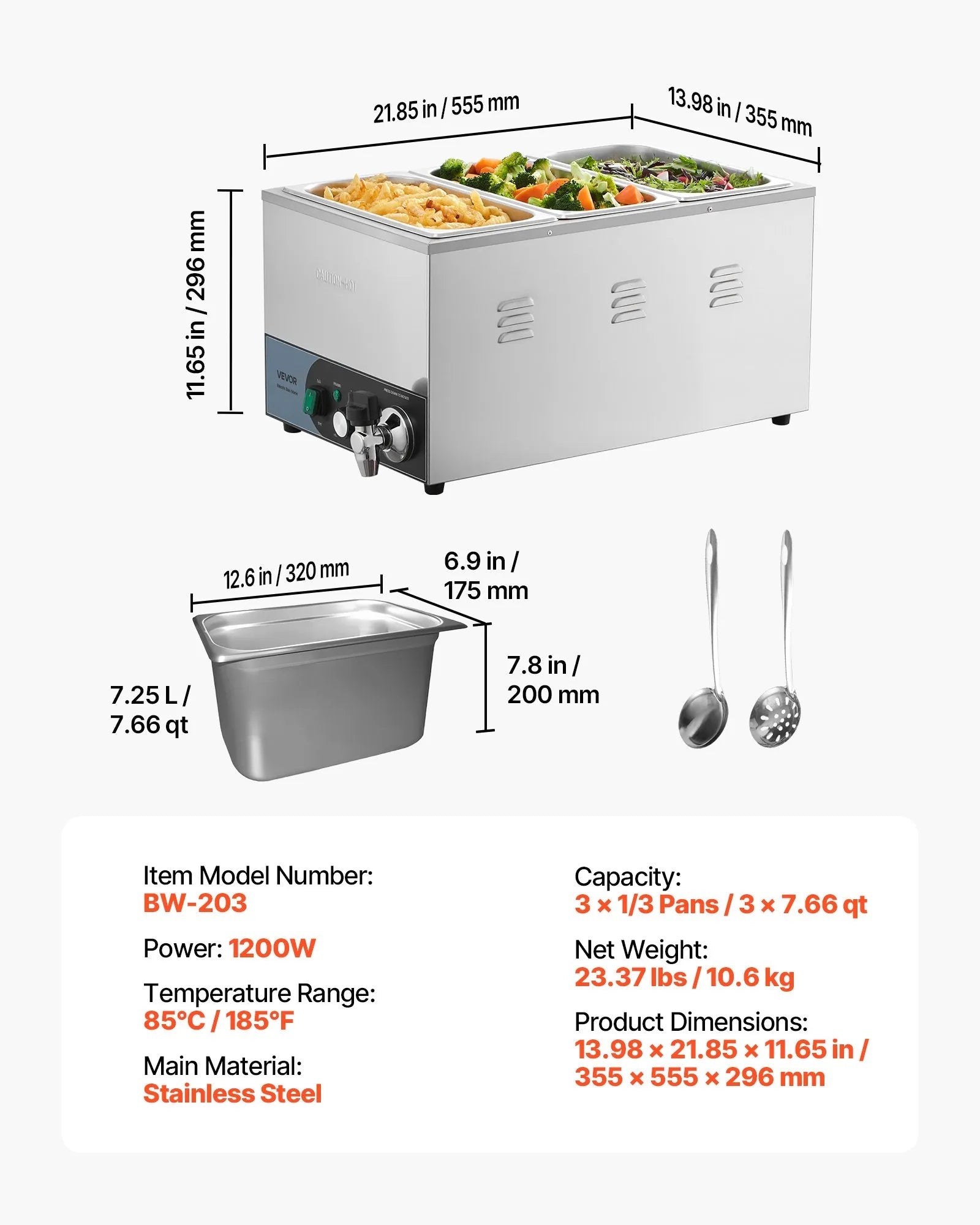 VEVOR Commercial Food Warmer, 1200W Electric Stainless Steel Steam Food Warmer, Fast Heating Countertop Buffet Bain Marie with Detachable Power Cord, for Catering, Restaurants, Parties & Buffets 