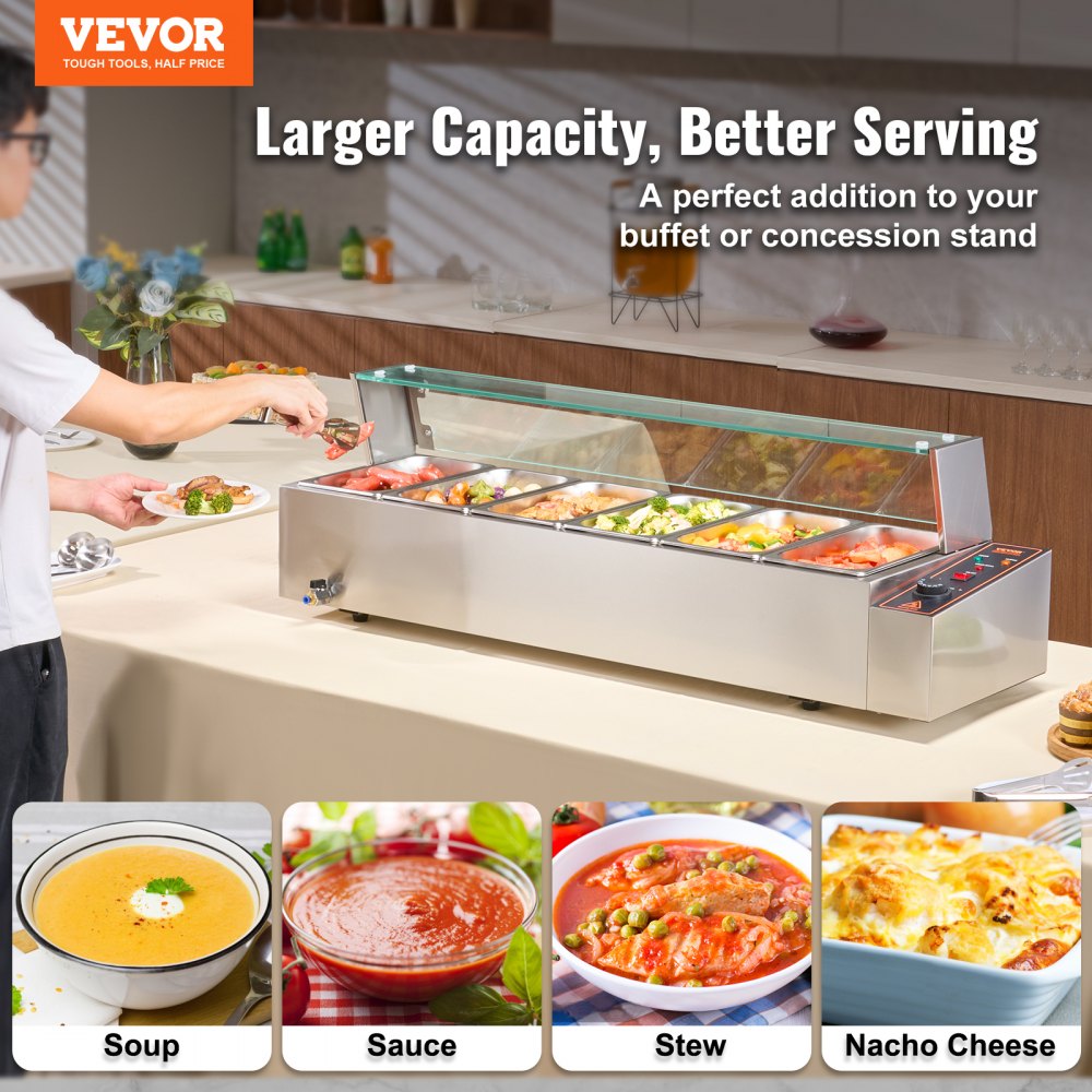 VEVOR Commercial Electric Food Warmer Countertop Buffet 6*5Qt with Glass Shield 