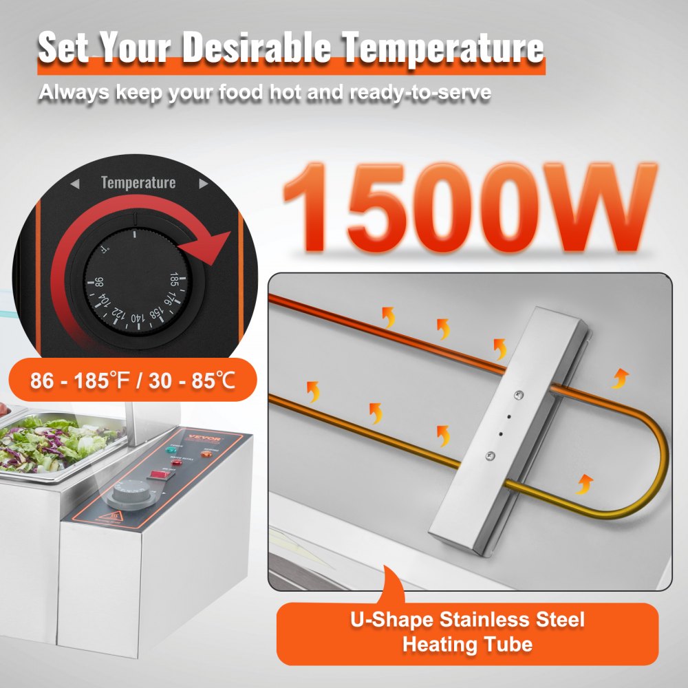 VEVOR Commercial Electric Food Warmer Countertop Buffet 6*5Qt with Glass Shield 