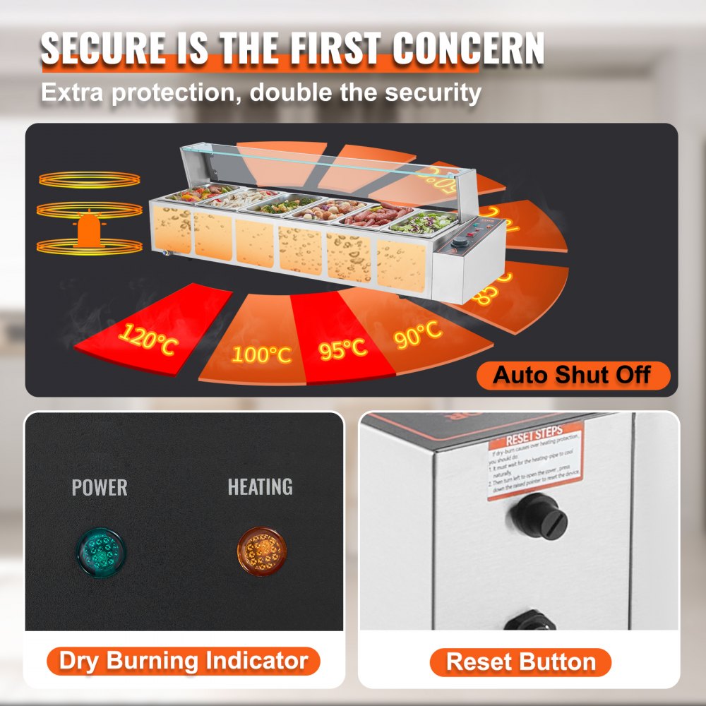 VEVOR Commercial Electric Food Warmer Countertop Buffet 6*5Qt with Glass Shield 