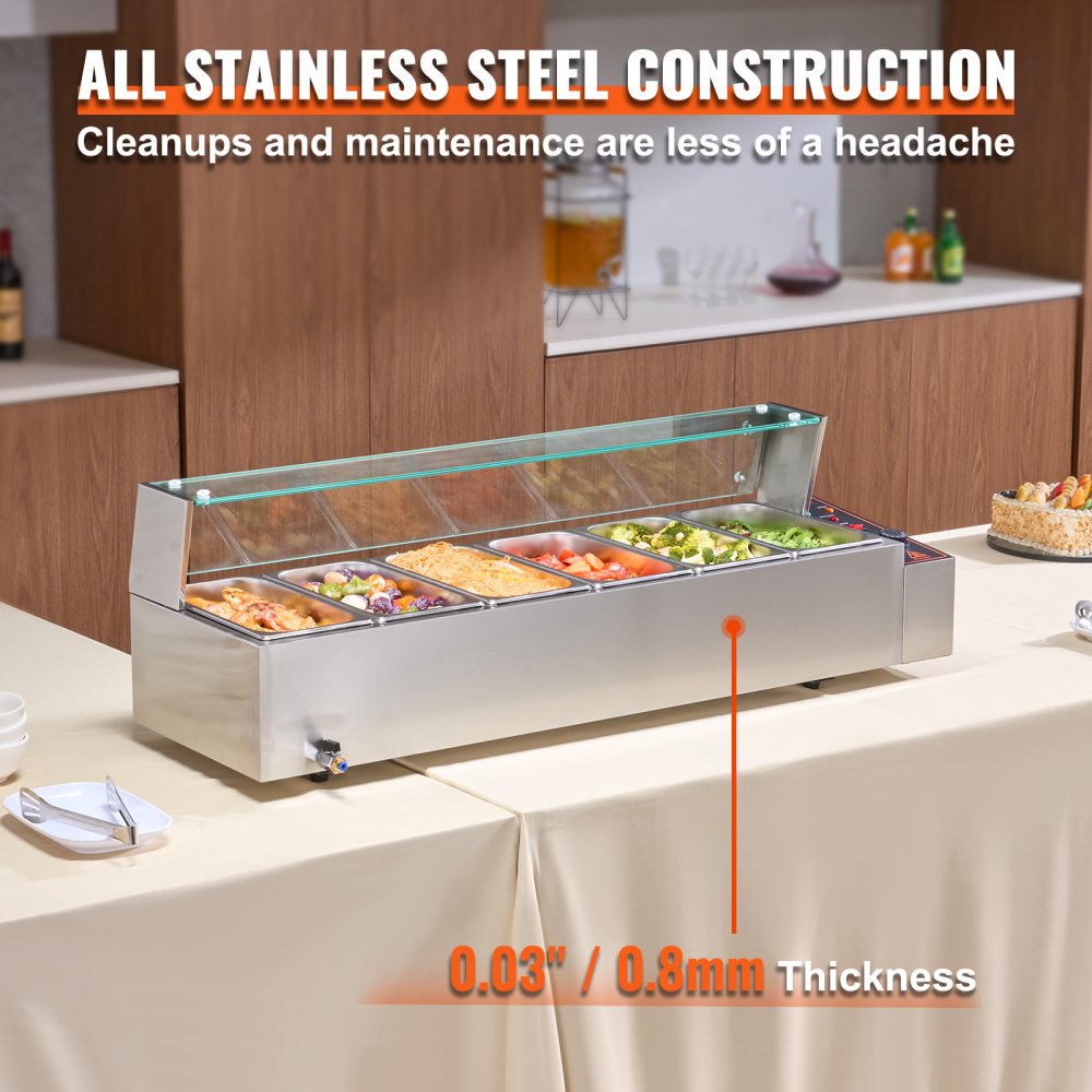 VEVOR Commercial Electric Food Warmer Countertop Buffet 6*5Qt with Glass Shield 