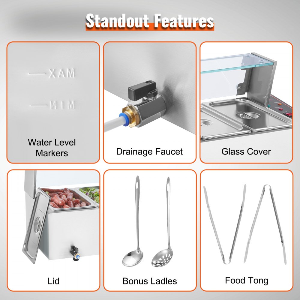 VEVOR Commercial Electric Food Warmer Countertop Buffet 6*5Qt with Glass Shield 