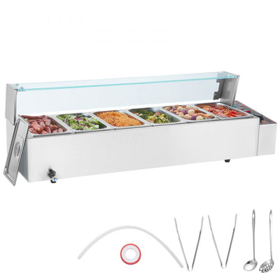 VEVOR Commercial Electric Food Warmer Countertop Buffet 6*5Qt with Glass Shield 