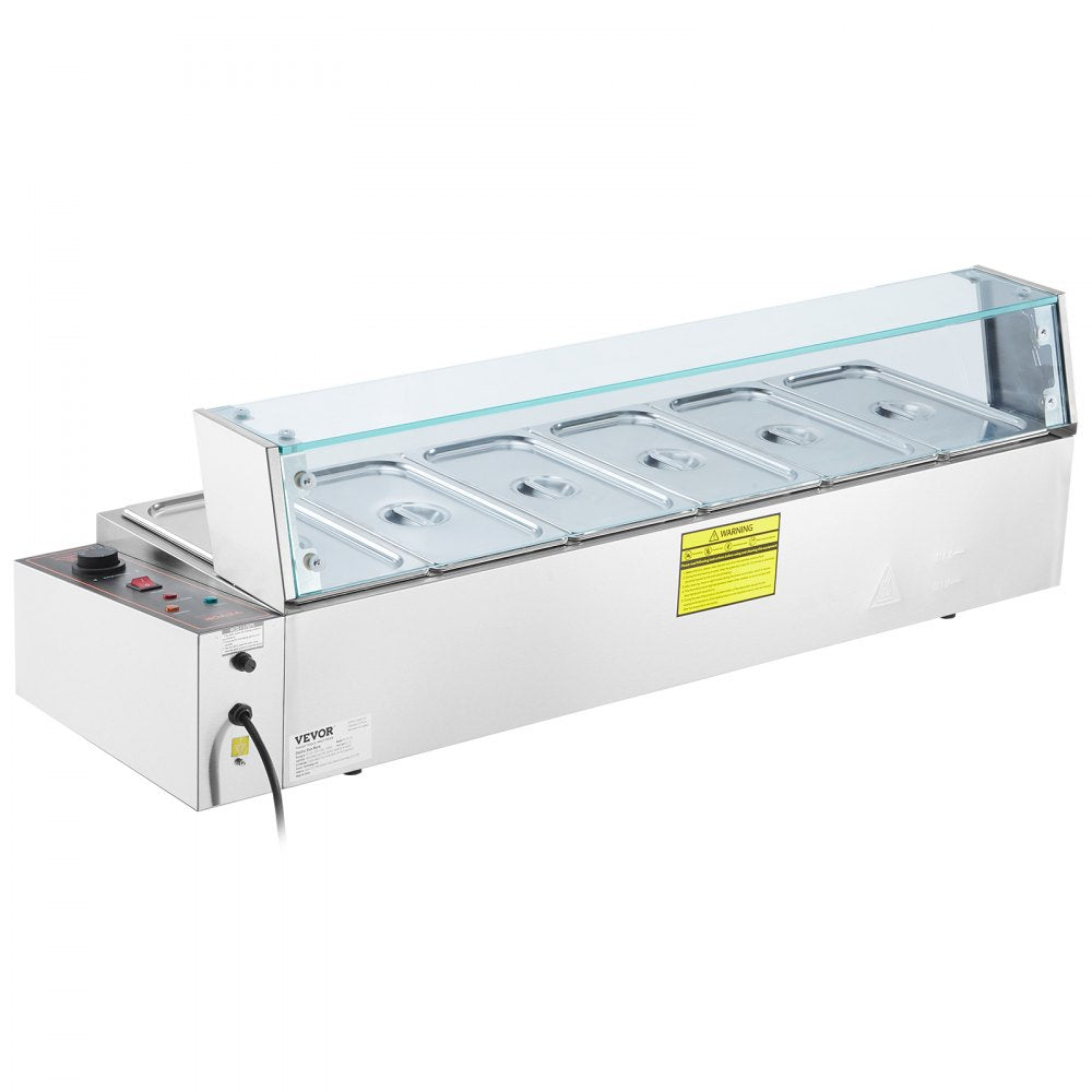 VEVOR Commercial Electric Food Warmer Countertop Buffet 6*5Qt with Glass Shield 