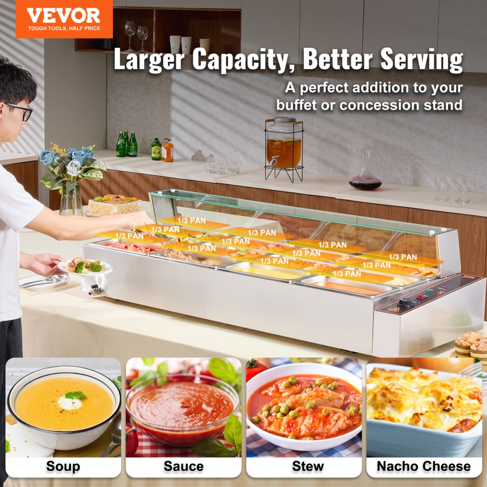 VEVOR Commercial Electric Food Warmer Countertop Buffet 12*5Qt with Glass Shield 