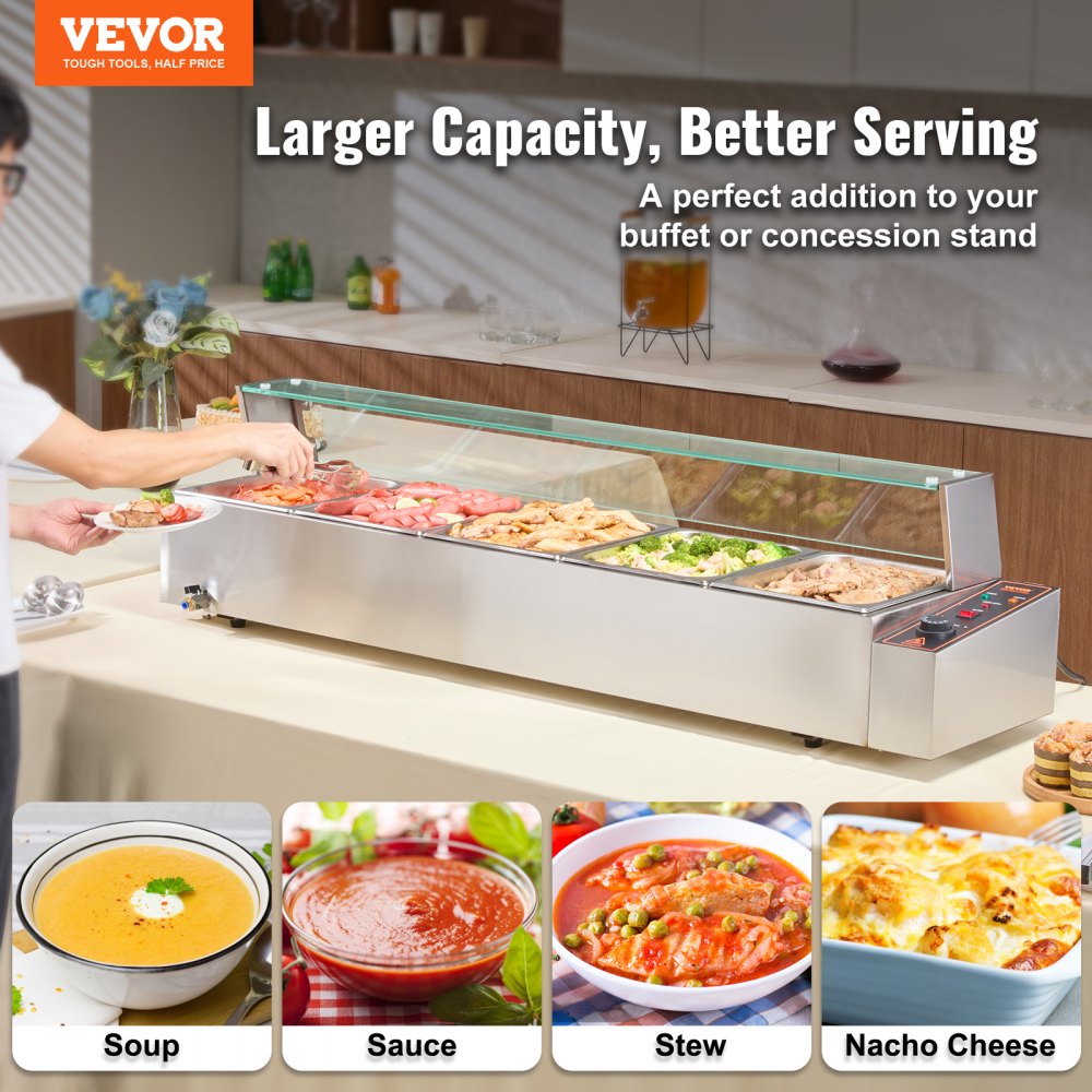 VEVOR Commercial Electric Food Warmer Countertop Buffet 5*8Qt with Glass Shield 