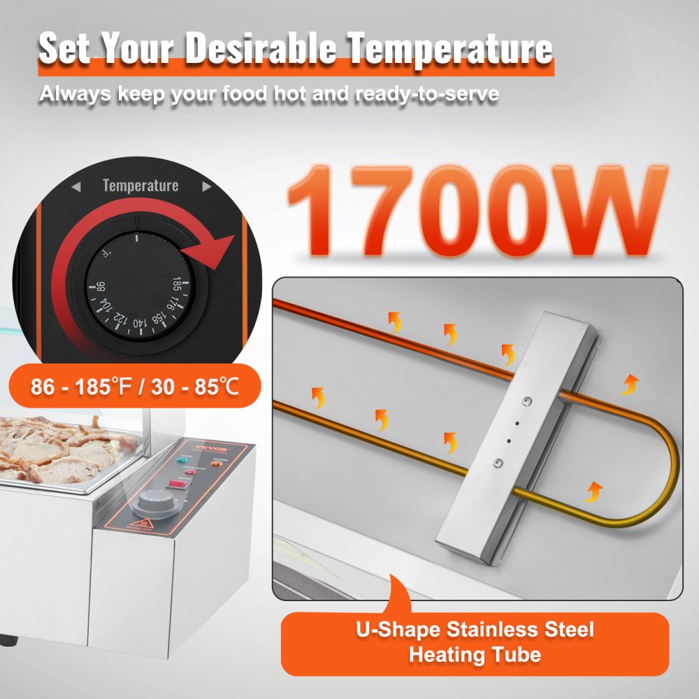 VEVOR Commercial Electric Food Warmer Countertop Buffet 5*8Qt with Glass Shield 