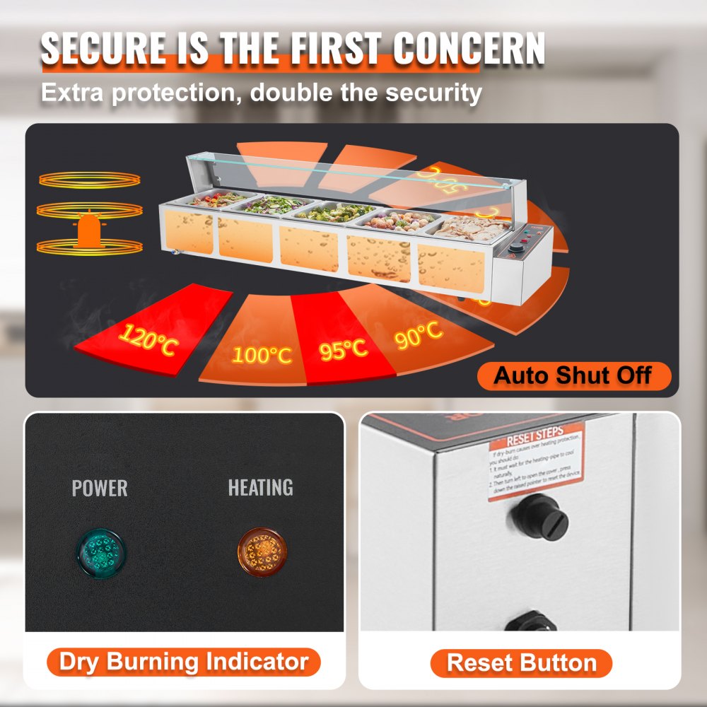 VEVOR Commercial Electric Food Warmer Countertop Buffet 5*8Qt with Glass Shield 