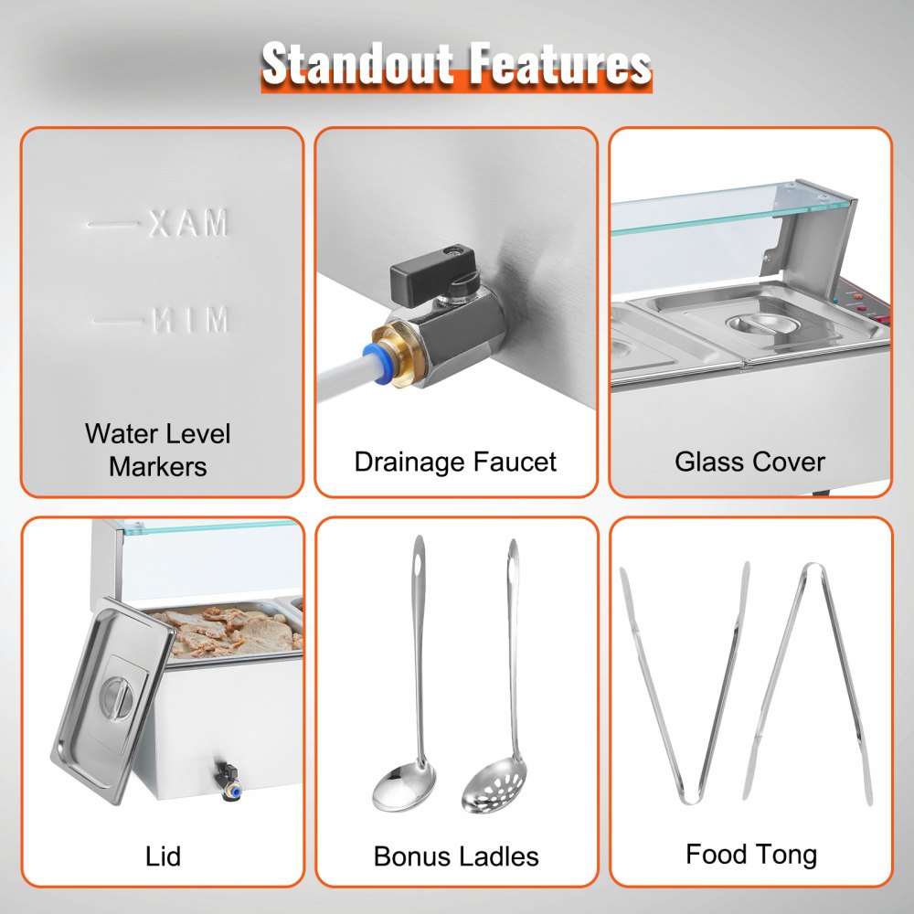 VEVOR Commercial Electric Food Warmer Countertop Buffet 5*8Qt with Glass Shield 