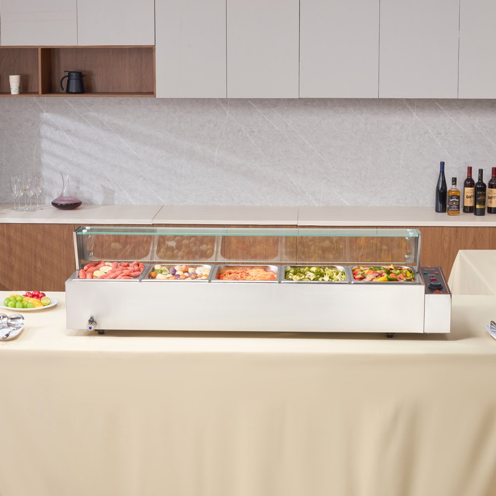 VEVOR Commercial Electric Food Warmer Countertop Buffet 5*8Qt with Glass Shield 