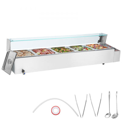 VEVOR Commercial Electric Food Warmer Countertop Buffet 5*8Qt with Glass Shield 