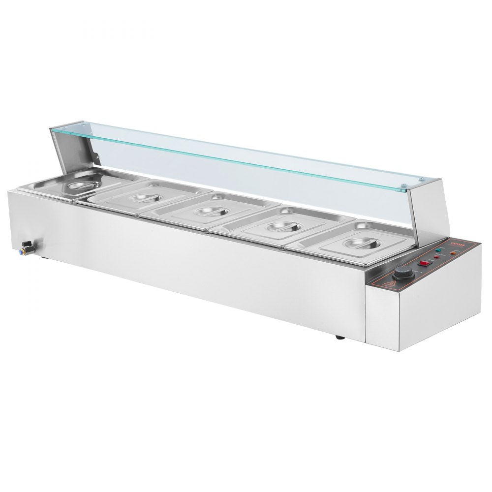 VEVOR Commercial Electric Food Warmer Countertop Buffet 5*8Qt with Glass Shield 