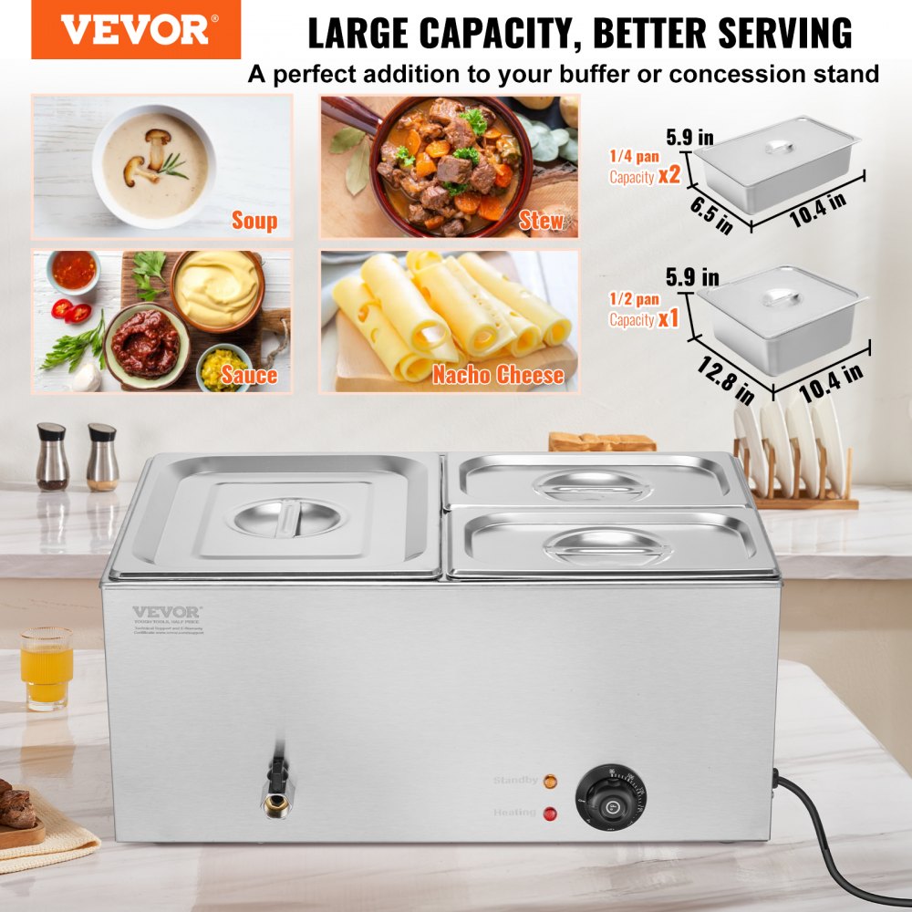 VEVOR Commercial Electric Food Warmer 3-Pan Countertop Buffet 17QT Bain Marie 